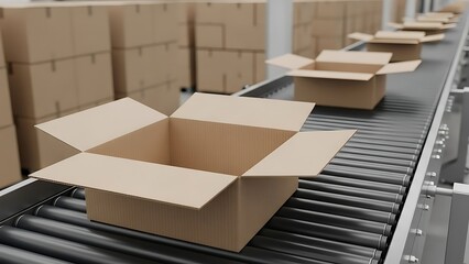 Cardboard Boxes Moving on a Conveyor Belt in a Warehouse.