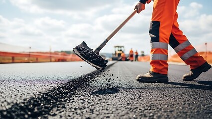 Construction worker in orange uniform smoothing fresh asphalt on a sunny day.