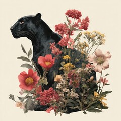 Fototapeta premium Panther surrounded by vibrant flowers.
