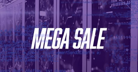 Animation of mega sale text with network of connections and data processing over server room - Powered by Adobe