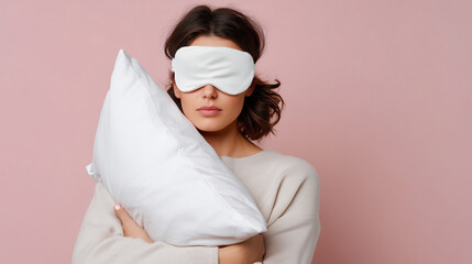Sleepy faceless young woman with mask and pillow on color background, sleep accessories, rest tools, insomnia relief items, bedroom comfort, sleep hygiene products