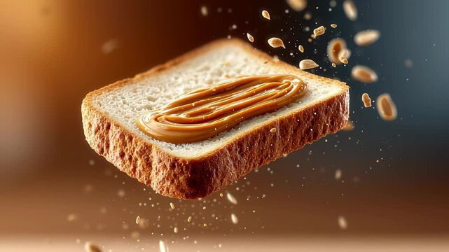 Floating slice of bread with creamy peanut butter being spread, showcasing the smooth texture and rich color of the spread, surrounded by flying peanut particles in a dynamic food scene