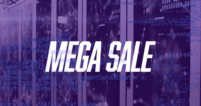Animation of mega sale text with network of connections and data processing over server room