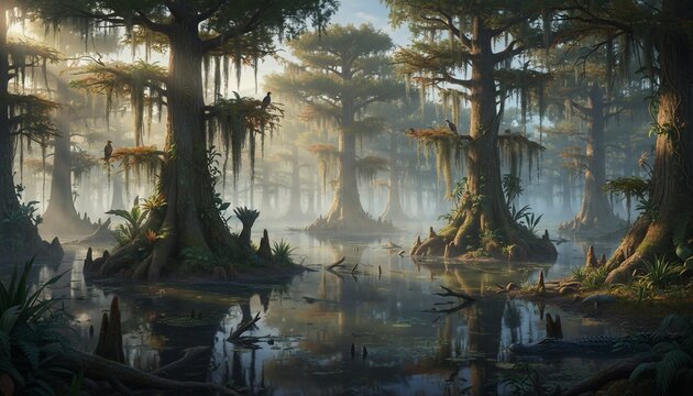 Swamp scene of ancient trees with exposed roots, misty air, and reflecting water