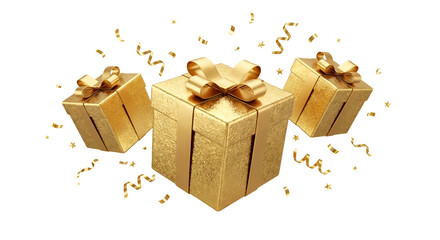 Three luxurious golden gift boxes floating amidst festive gold confetti and ribbons, perfect for celebrations and special occasions, isolated on transparent background.