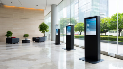 Smart office lobby with digital directory screens updating, access control panels lit, seating empty, natural daylight from glass entrance