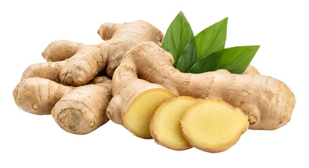Fresh Ginger Root and Sliced Pieces with Vibrant Green Leaves, a Natural and Healthy Spice Ingredient, Perfectly Isolated on Transparent Background