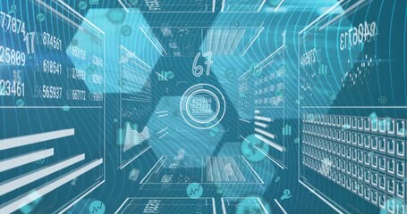 Animation of numbers over interface with data processing against hexagonal shapes on blue background - Powered by Adobe