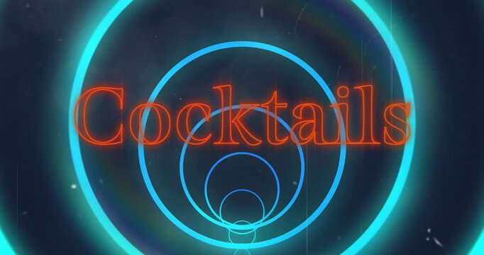 Animation of neon orange cocktail text banner over circular tunnel in seamless pattern
