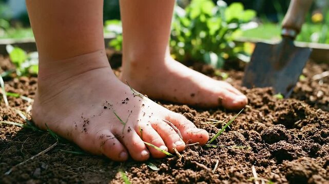 Bare feet of a child standing on garden soil with earthworm and grass in sunlight next to a small shovel. 4K video