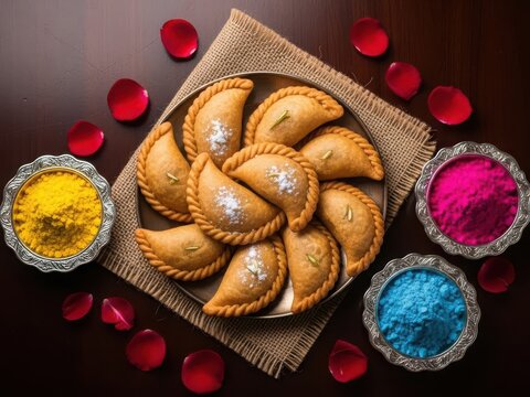 Delicious gujiya sweets with colorful holi powders on wooden table