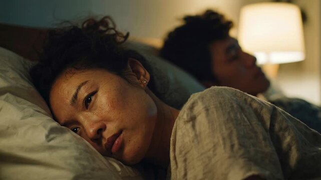 Tired woman lying awake in bed while partner sleeps showing insomnia loneliness relationship tension and emotional fatigue during quiet nighttime moment