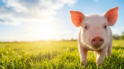 Cute pink piglet snout close up in sunny green meadow, curious farm animal looking at camera during golden sunrise
