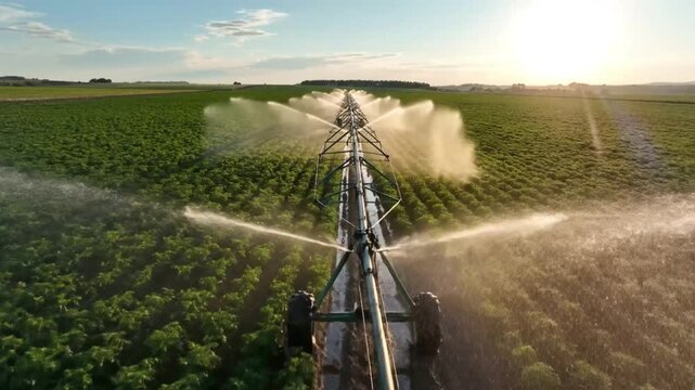 Aerial view of a center pivot irrigation system watering a lush green agricultural field at sunrise, summer farming