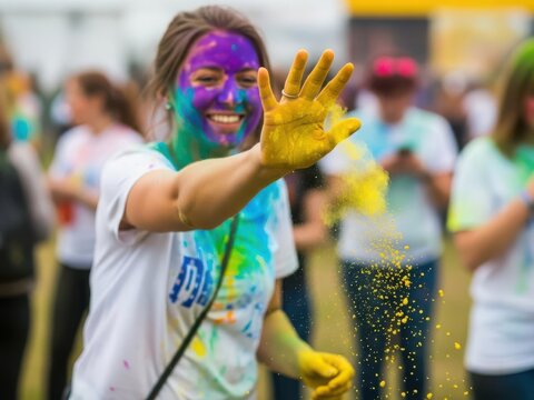 Woman enjoying colorful celebration with paint on face and hand