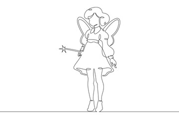 Continuous single line drawing girl dressed as a fairy. Girl with wings and a magic wand. Costume for the holiday.Linear.One continuous line isolated minimalist illustration. Not AI.