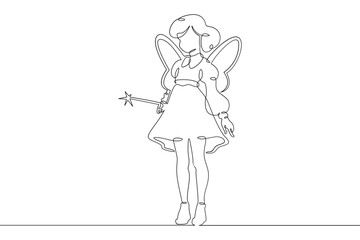 Continuous single line drawing girl dressed as a fairy. Girl with wings and a magic wand. Costume for the holiday.Linear.One continuous line isolated minimalist illustration. Not AI.