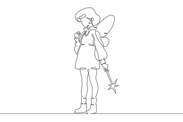 Continuous single line drawing girl dressed as a fairy. Girl with wings and a magic wand. Costume for the holiday.Linear.One continuous line isolated minimalist illustration. Not AI.