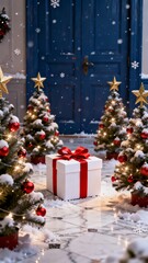 A festive Christmas scene featuring a blue door snow-dusted trees adorned with lights and ornaments and a large white gift box with a red ribbon on a marble floor.