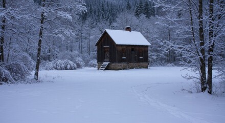 A small wooden house stands alone in a snowy forest clearing surrounded by trees