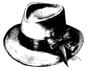 Hand drawn line art illustration of a fedora hat depicting its classic design with a ribbon and bow for fashion and apparel