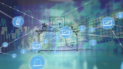 Animation of network of digital icons and computer desk sketch against financial data processing - Powered by Adobe