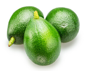 Three whole green avocados on white background. File contains clipping paths.