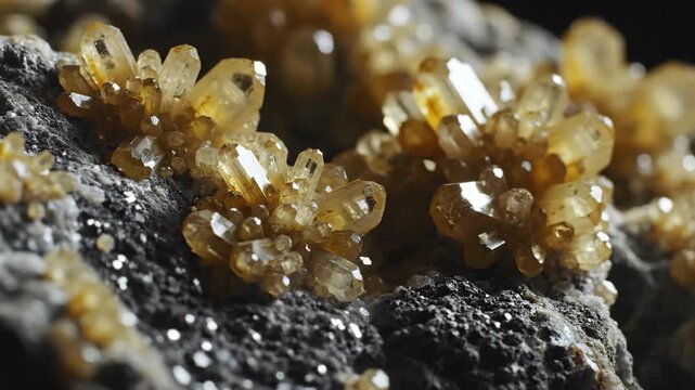 Close-up of Yellow Renardite Crystals on Rocky Surface