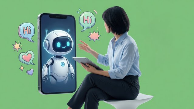 Woman gesturing to friendly ai assistant on smartphone screen with chat bubbles, language technology, ai translation