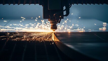 Precision Laser Cutting Machine Engages Metal with Fiery Sparks in Industrial Setting.