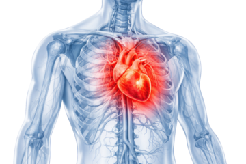 Detailed human heart anatomy with glowing cardiovascular system showing internal organs arteries veins rib cage and chest structure isolated on white background