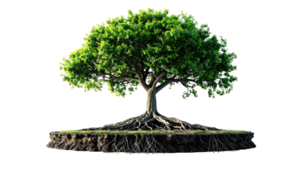 Isolated lush green tree atop a patch of earth with exposed roots against a solid black background
