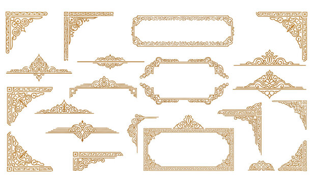 Antique asian golden borders and frames oriental vintage ornament set