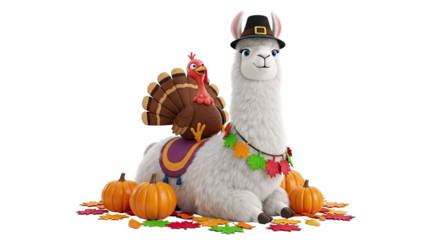 Cartoon Llama and Turkey Celebrate Thanksgiving