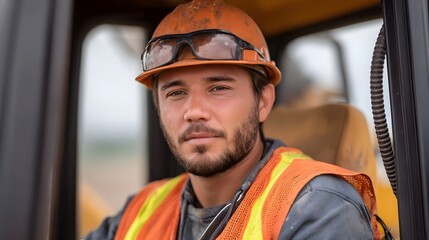 Focused construction worker in safety gear seated inside heavy industrial hinery