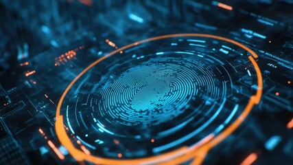 Modern futuristic digital interface on dark background featuring fingerprint scanner in center with intricate glowing patterns around it. - Powered by Adobe