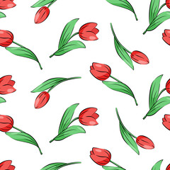 Seamless pattern of tulip flowers. Botanical spring background for gift wrapping, textiles, or wallpaper.