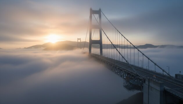A suspension bridge stretches across misty bay with sunrise peaking through fog