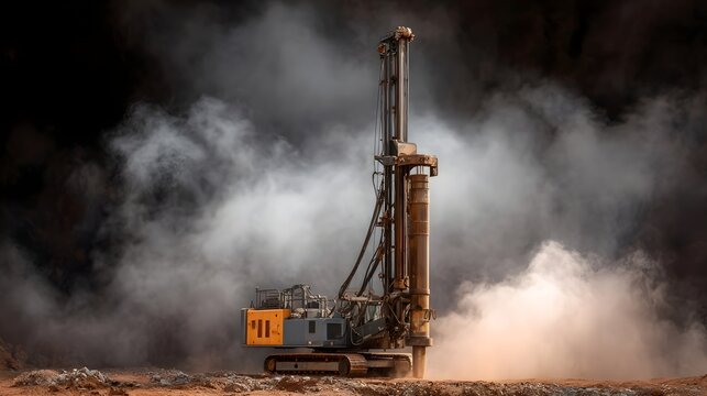 A heavy duty industrial drilling hine operates on a dusty construction site