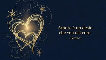 Elegant romantic illustration of a heart and stars on dark blue background with Petrarch's quote