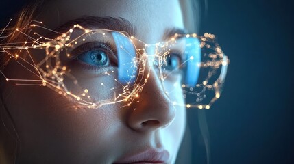 Woman wearing futuristic glasses with glowing network overlay