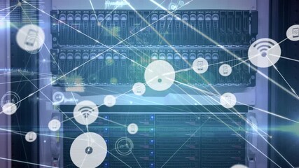 Animation of network of connections and data processing over computer server - Powered by Adobe