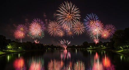 A nighttime scene of colorful fireworks exploding above a serene lake, with trees lining the shore and their vibrant reflections rippling in the water