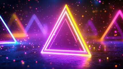 Neon triangles glow on dark, textured surface with colorful sparkles