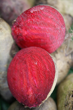 Fresh cut beet root at weekly outdoor market in Upper Bavaria