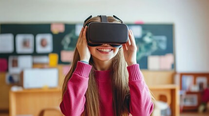 Smiling girl wears VR headset in classroom