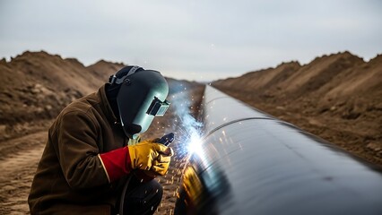 Welder working on a large pipeline construction project outdoors in a rural landscape.
