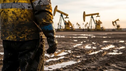 Worker in reflective vest surveys oil pumps at sunset in industrial landscape.
