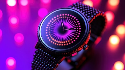 Modern watch with colorful digital display against vibrant bokeh