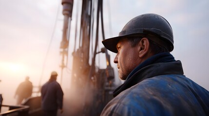 A worker in a hard hat stands near industrial drilling equipment at sunrise